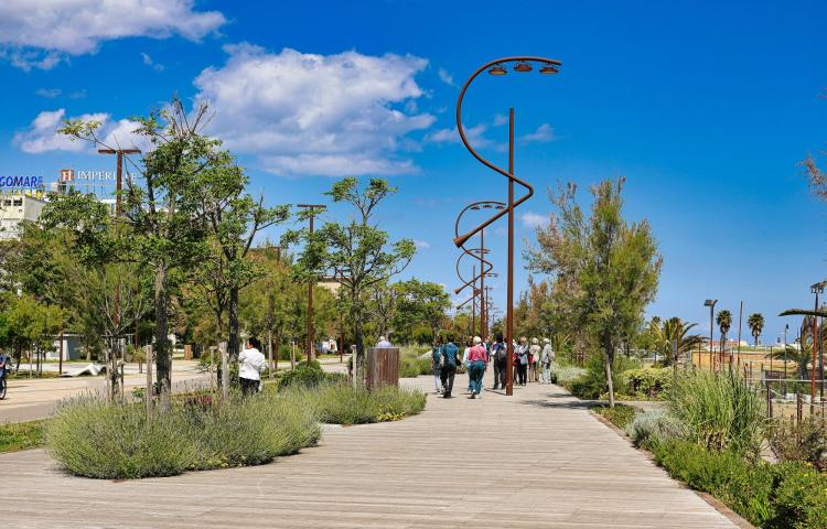 Passeggiata soleggiata tra alberi e lampioni artistici, cielo blu intenso.