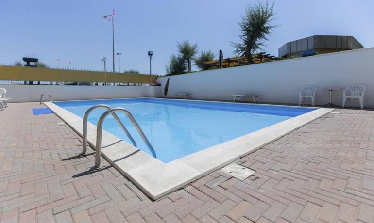 Piscina tranquilla, cielo azzurro, sedie bianche, atmosfera rilassante e serena.